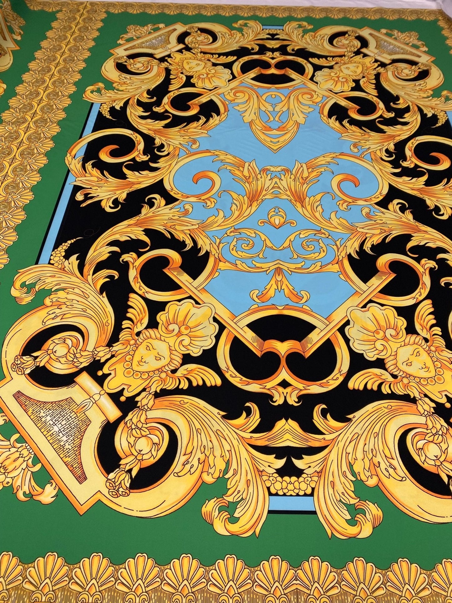 Luxury Baroque Crepe Fabric by the Metre – Black Gold & Green Ornate