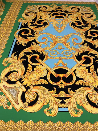 Luxury Baroque Crepe Fabric by the Metre – Black Gold & Green Ornate