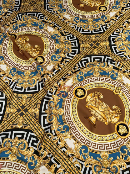 Gold & Blue Ornate Pattern Luxury Baroque Design Fabric – Fabric by Metre, Options: Satin, Crepe, Spandex, Chiffon