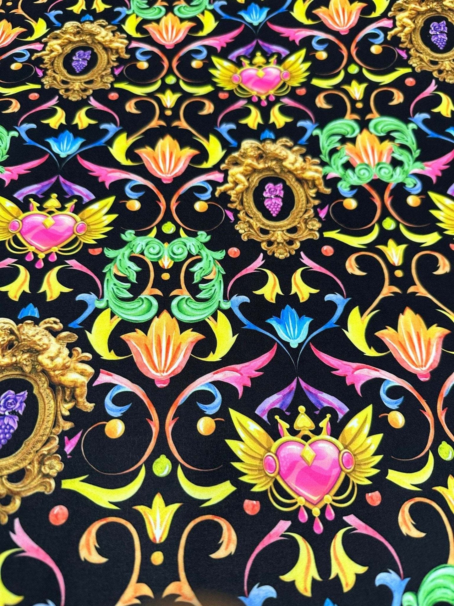 Vibrant Black Pattern Baroque Floral Heart Fabric – Multiple Fabric Options, Sold by Metre
