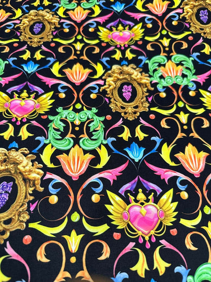 Vibrant Black Pattern Baroque Floral Heart Fabric – Multiple Fabric Options, Sold by Metre