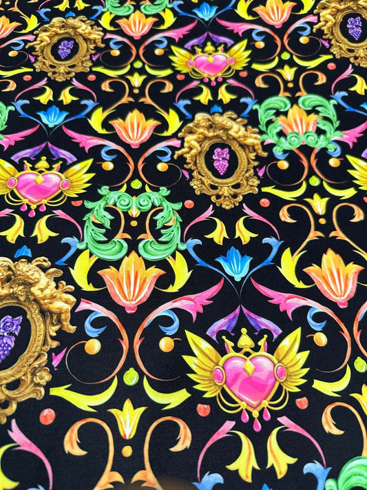 Vibrant Black Pattern Baroque Floral Heart Fabric