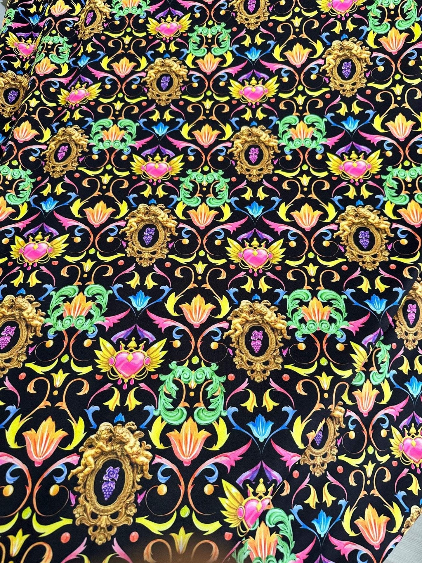 Vibrant Black Pattern Baroque Floral Heart Fabric – Multiple Fabric Options, Sold by Metre