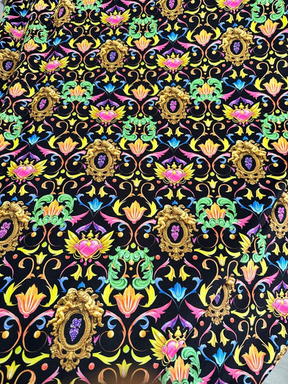 Vibrant Black Pattern Baroque Floral Heart Fabric – Multiple Fabric Options, Sold by Metre