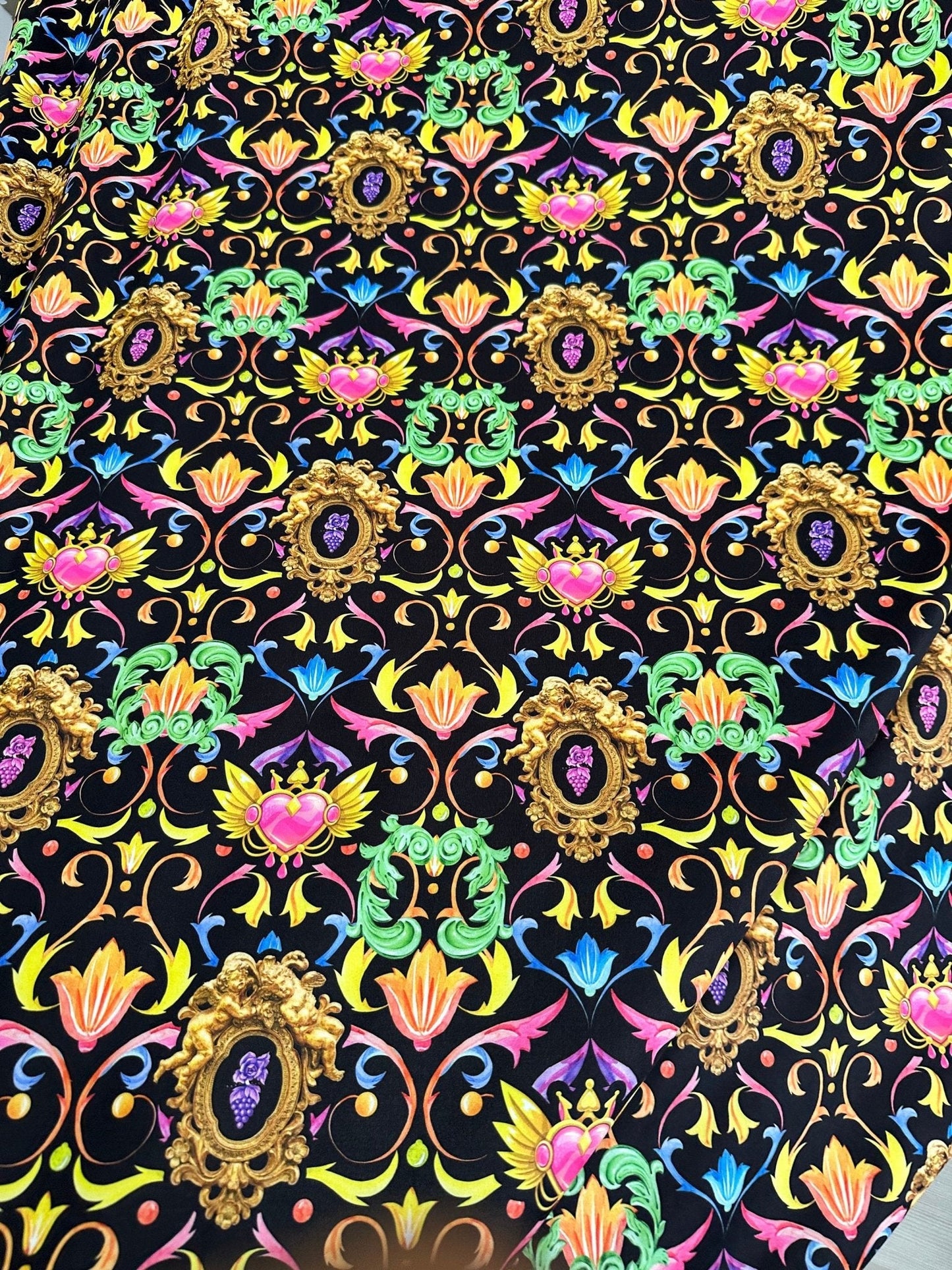 Vibrant Black Pattern Baroque Floral Heart Fabric