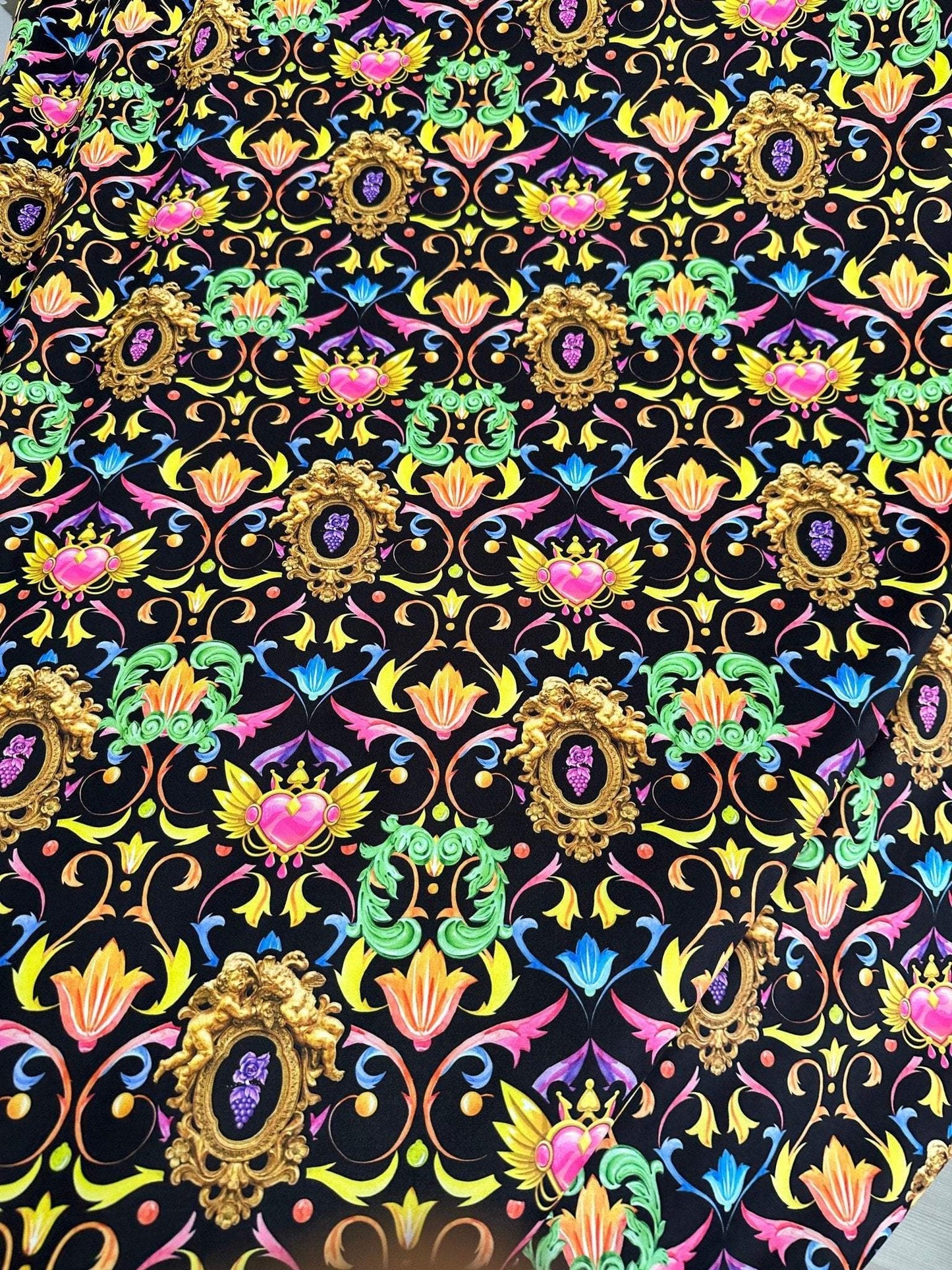 Vibrant Black Pattern Baroque Floral Heart Fabric – Multiple Fabric Options, Sold by Metre