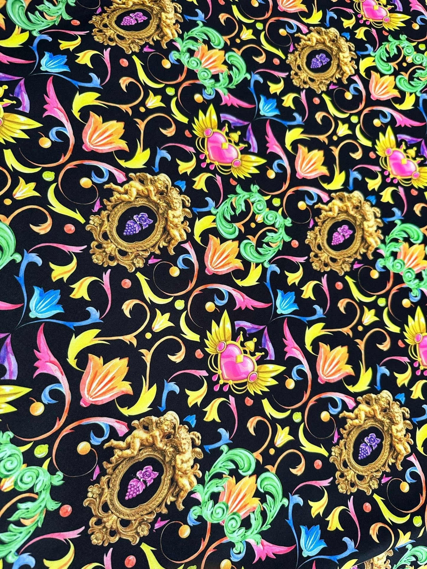 Vibrant Black Pattern Baroque Floral Heart Fabric