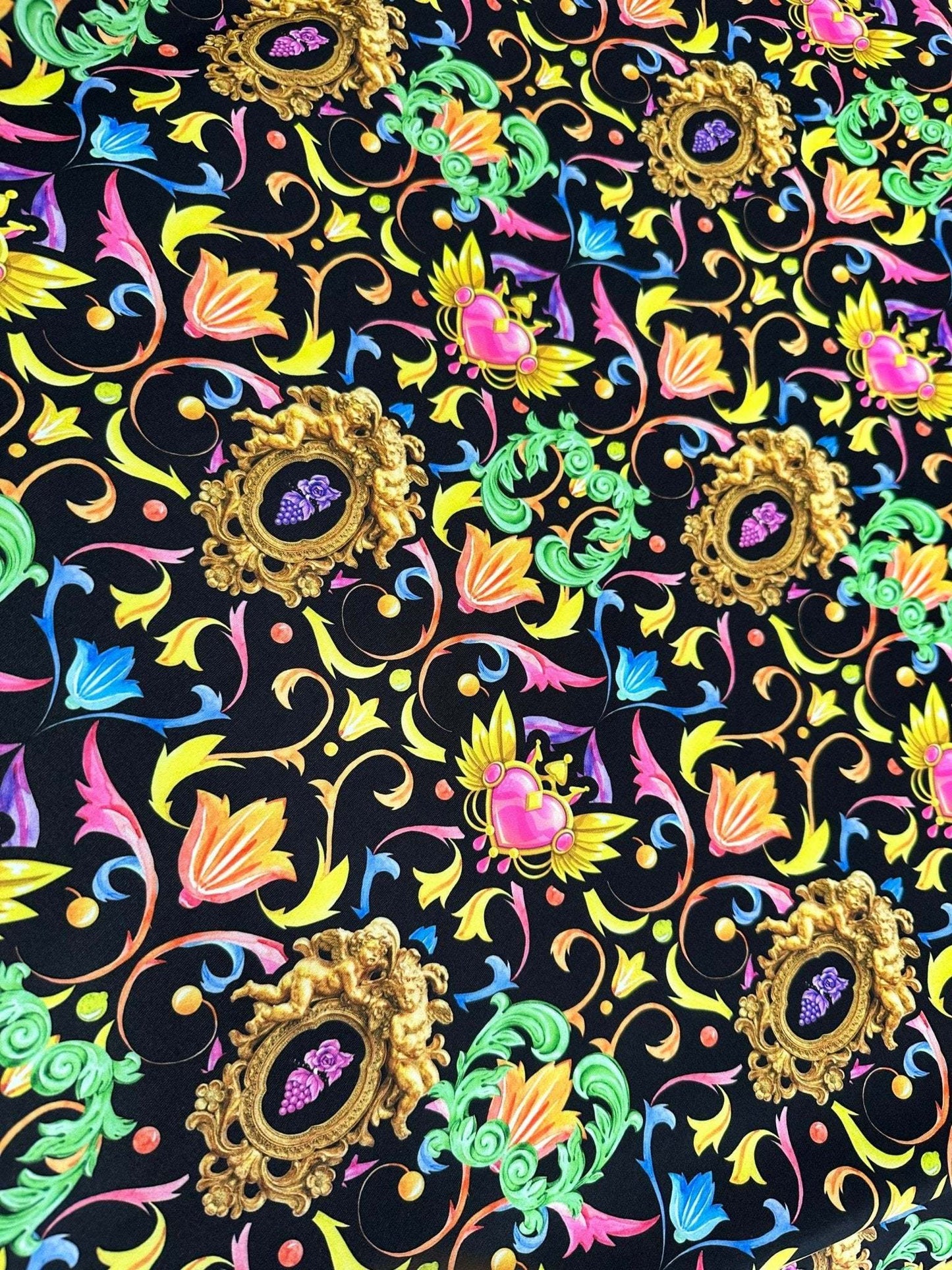 Vibrant Black Pattern Baroque Floral Heart Fabric – Multiple Fabric Options, Sold by Metre