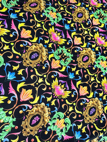 Vibrant Black Pattern Baroque Floral Heart Fabric – Multiple Fabric Options, Sold by Metre