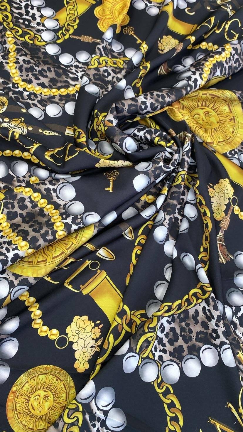 Gold Chain, Leopard, and Pearl Print on Black Background Fabric – Available in Satin, Crepe, Spandex & Chiffon | By Metre