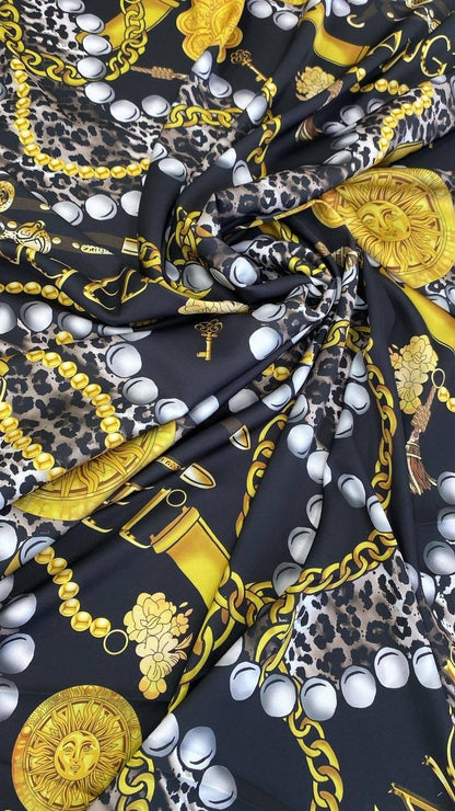 Gold Chain, Leopard, and Pearl Print on Black Background Fabric – Available in Satin, Crepe, Spandex & Chiffon | By Metre