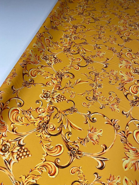 Luxury Baroque Floral Crepe Fabric by the Metre – Golden Yellow