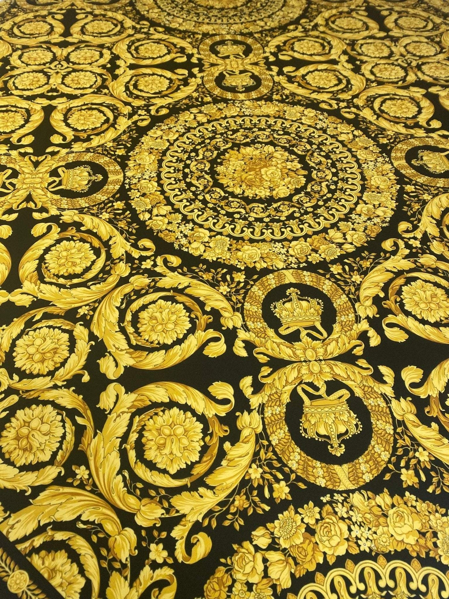 Luxury Baroque Gold Pattern Fabric on Black Background – Custom Printed Fabric, Choose Material by Metre