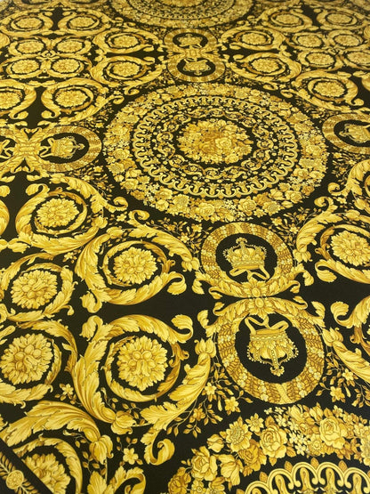 Luxury Baroque Gold Pattern Fabric on Black Background – Custom Printed Fabric, Choose Material by Metre