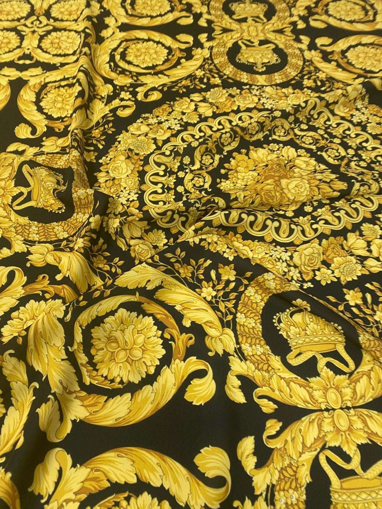 Luxury Baroque Gold Pattern Fabric on Black Background – Custom Printed Fabric, Choose Material by Metre
