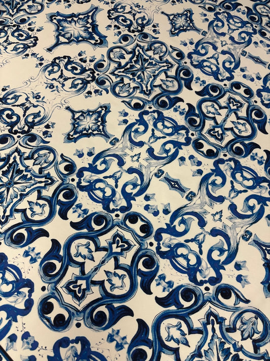Luxury Blue & White Satin Fabric by the Metre – Baroque Tile Print