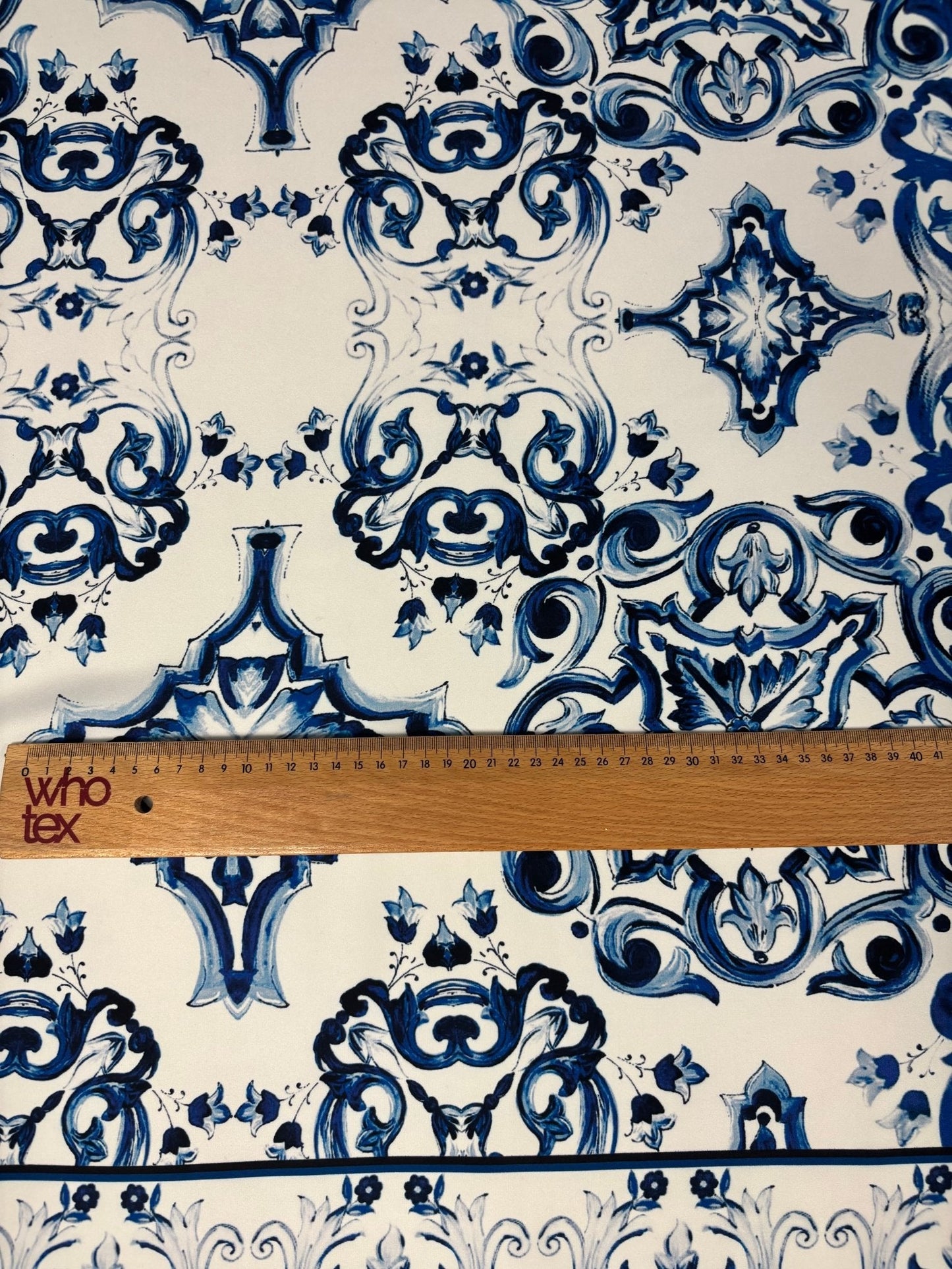 Luxury Blue & White Satin Fabric by the Metre – Baroque Tile Print