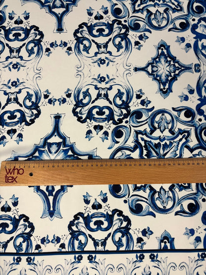 Luxury Blue & White Satin Fabric by the Metre – Baroque Tile Print