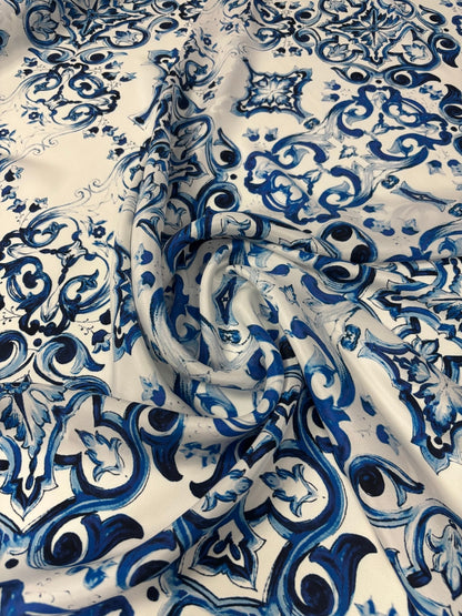Luxury Blue & White Satin Fabric by the Metre – Baroque Tile Print