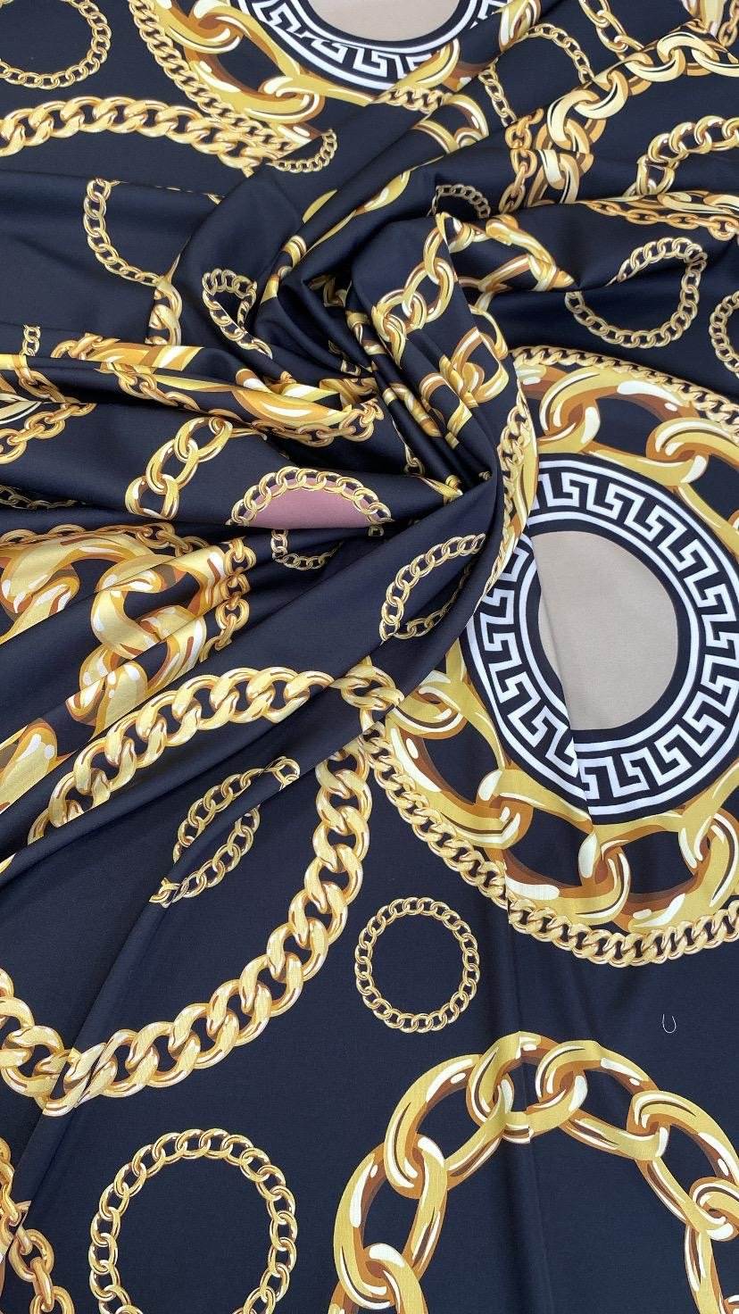Black and Gold Baroque Pattern Luxury Chain Print Fabric – Custom Printed Fabric, Choose Material by Metre