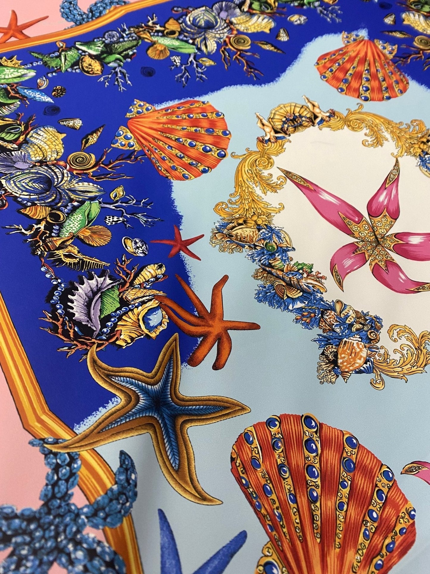 Luxury Crepe Fabric by the Metre – Starfish & Seashell Print