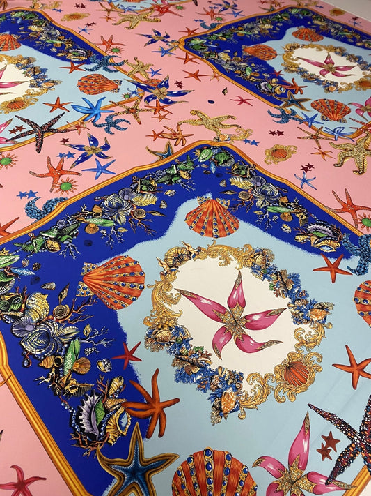 Luxury Crepe Fabric by the Metre – Starfish & Seashell Print