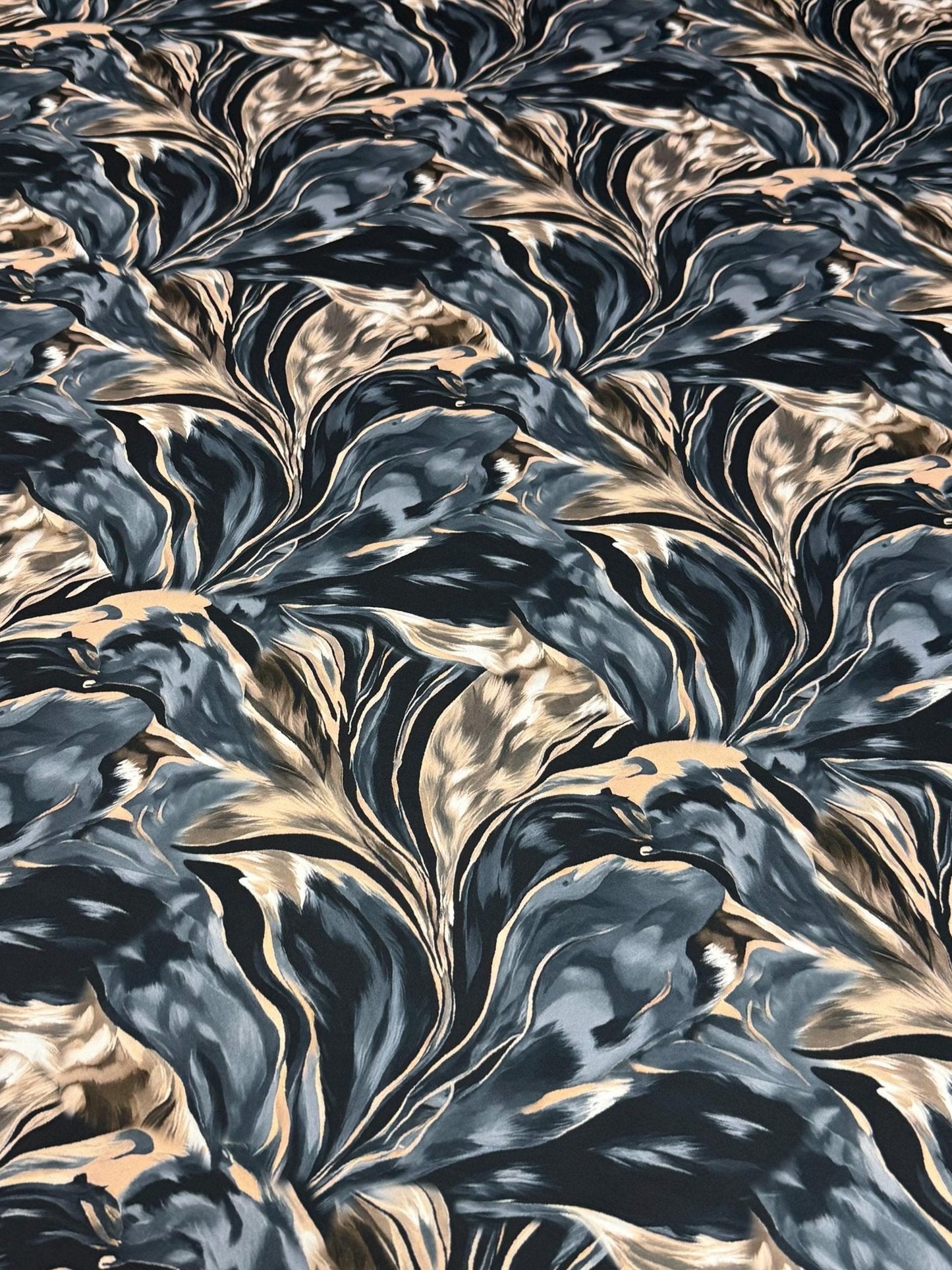 Dark Blue & Marble Print Satin Fabric