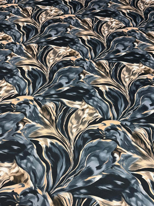 Dark Blue & Marble Print Satin Fabric