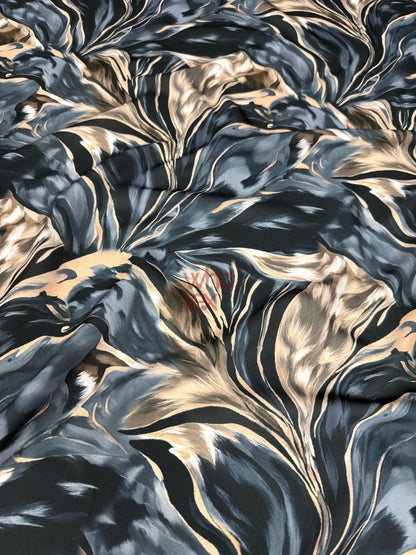 Dark Blue & Marble Print Satin Fabric