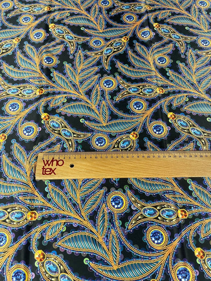 Luxury Peacock Feather Fabric with Jewel Accents