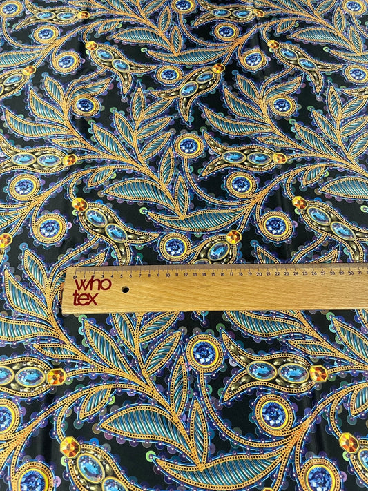 Luxury Peacock Feather Fabric with Jewel Accents