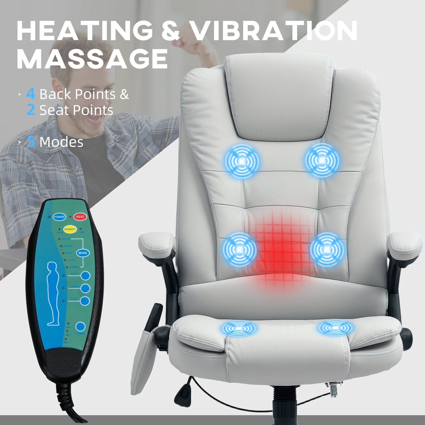 HOMCOM Heated Vibrating Massage Chair with Reclining Function, Light Grey