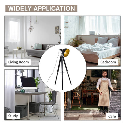 Industrial Floor Lamp for Living Room Tripod Spotlight Reading Lamp w/Wood Legs Metal Shade Adjustable Height Angle for Bedroom Home Office Black and Gold