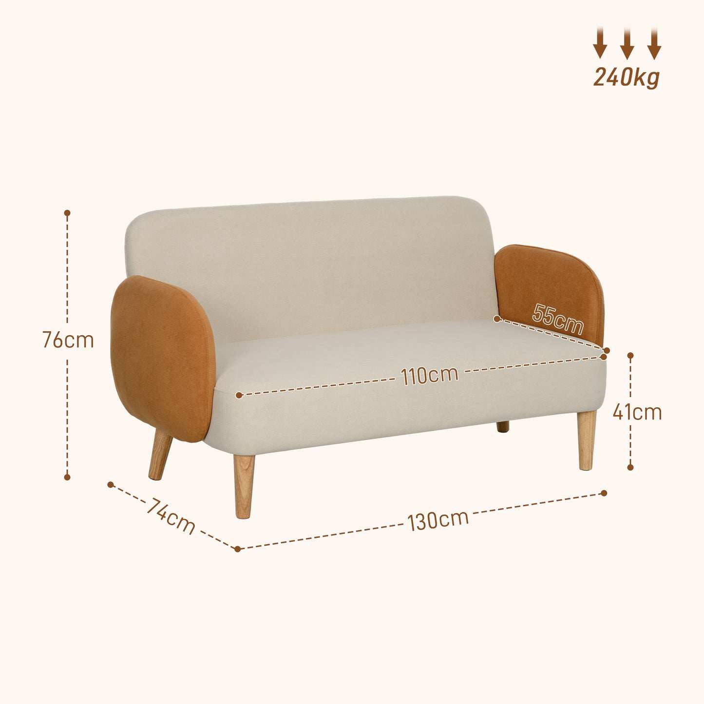 HOMCOM Modern 2 Seater Sofa w/ Rubber Wood Legs 130 x 74 x 76cm