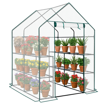 Mini Walk-in Greenhouse with PE Cover, 8-Shelf Indoor Outdoor Plant Gardening Green House for Garden Backyard, 56" x 56" x 77", White