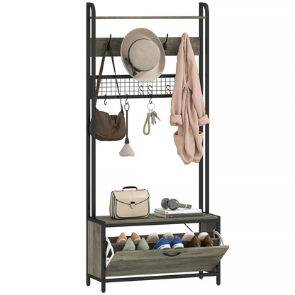 HOMCOM Industrial Hall Tree Coat Rack Stand with Shoe Cabinet Grey