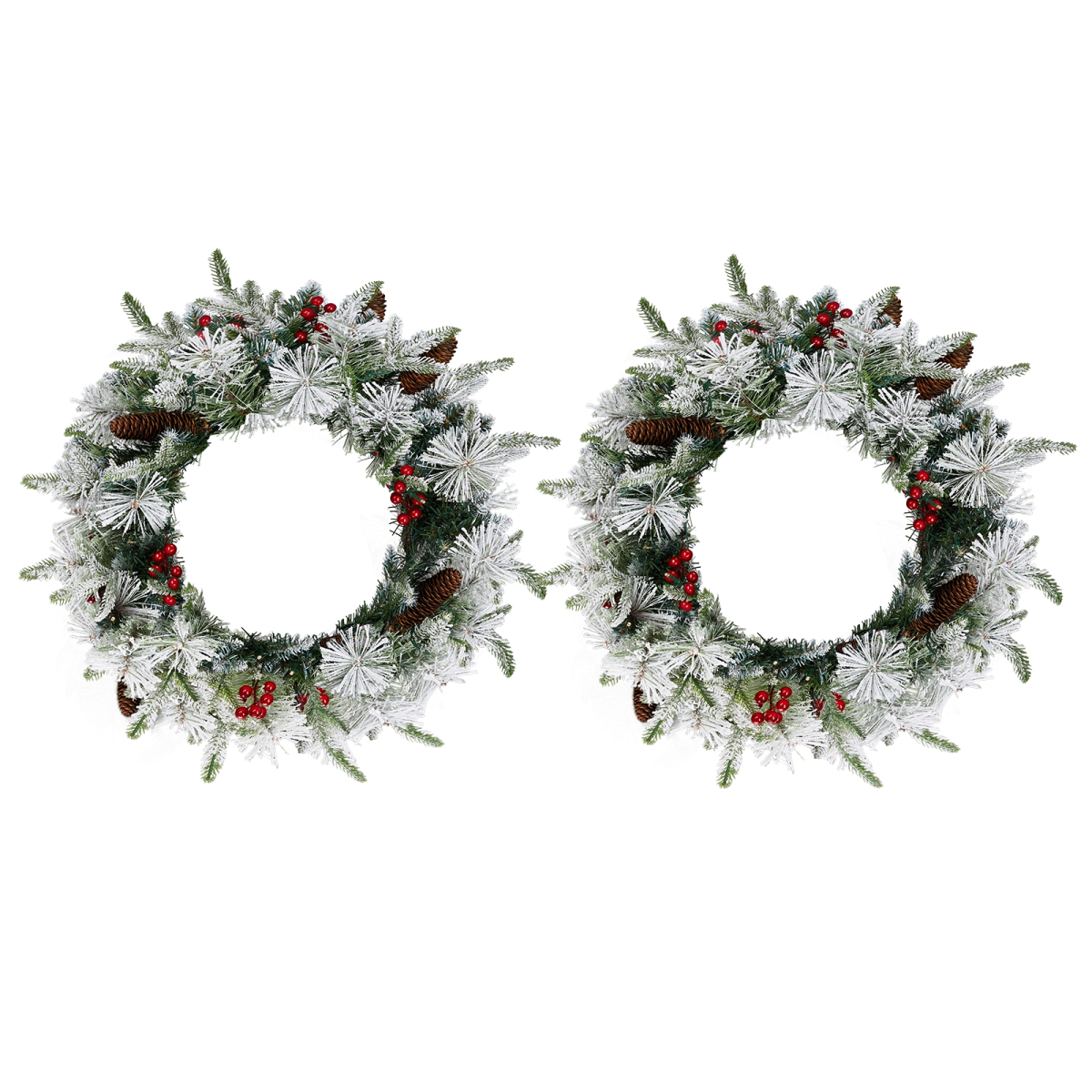 2 Pack 18in Pre-lit Snow Flocked Christmas Wreath, Lighted Artificial Xmas Wreath with 60 Warm Lights and 140 Tips and Red Berries Pine Cones, for Front Door Gate Wall Xmas Party Decorations