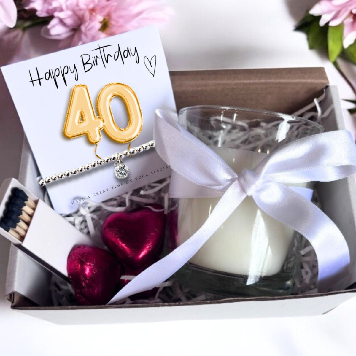 Small 40th Birthday Gold Balloons Gift Hamper - Cubic Zirconia Bracelet, Chocolates & Candle