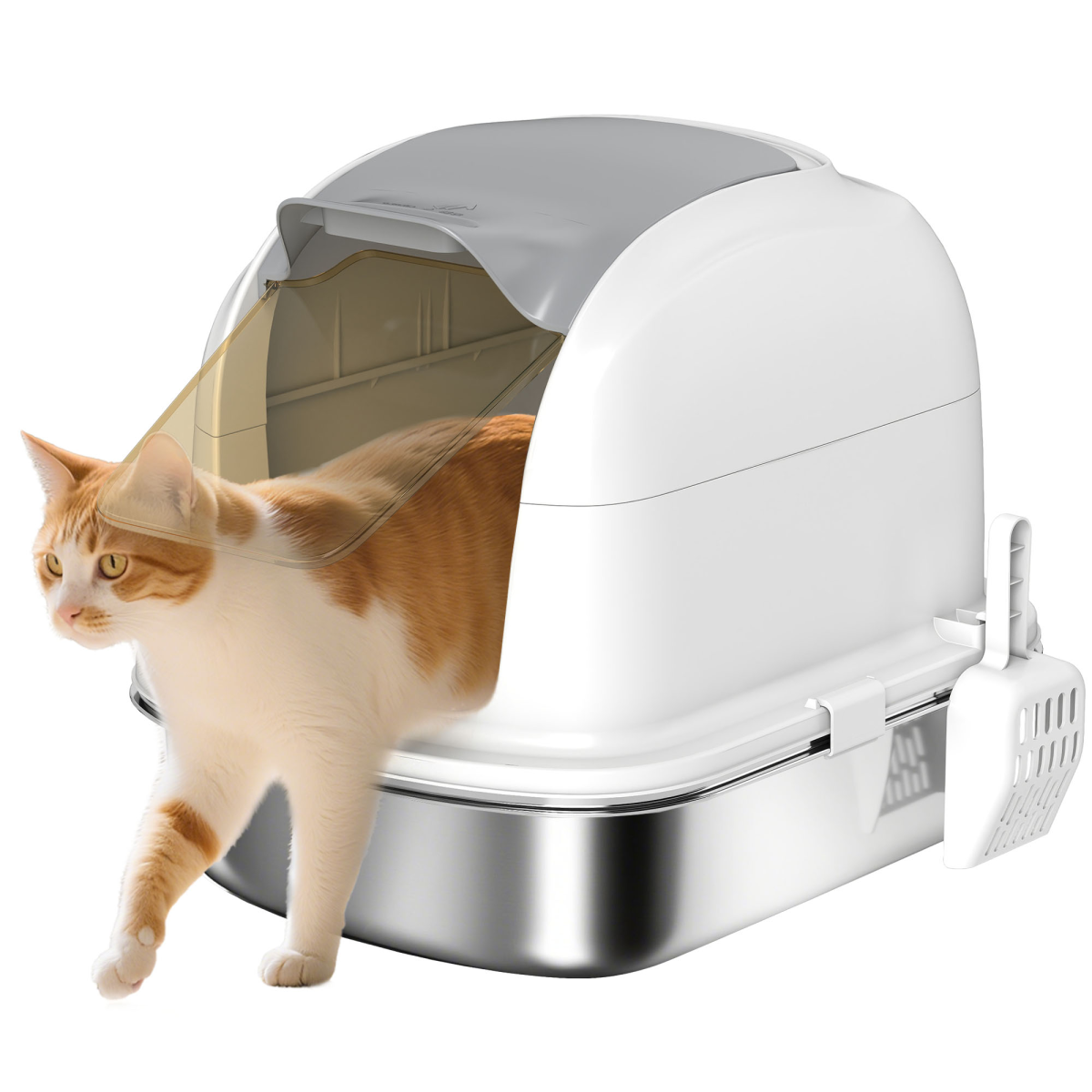 PawHut Stainless Steel Cat Litter Tray with Lid