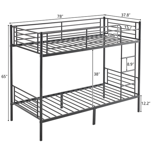 Twin Over Twin Bunk Bed for Kids Teens Adults, Heavy Duty Metal Bunk Bed with Ladder & Full-Length Guard Rail & Storage Space, Black