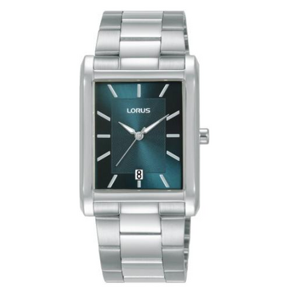 Lorus Mens Basic Fashion Rectangular Date Blue Dial Silver Stainless Steel Bracelet Watch RH935RX9