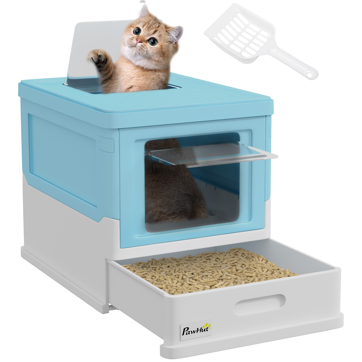 PawHut Hooded Cat Litter Box, Pet Toilet w/ Scoop, Tray - Light Blue
