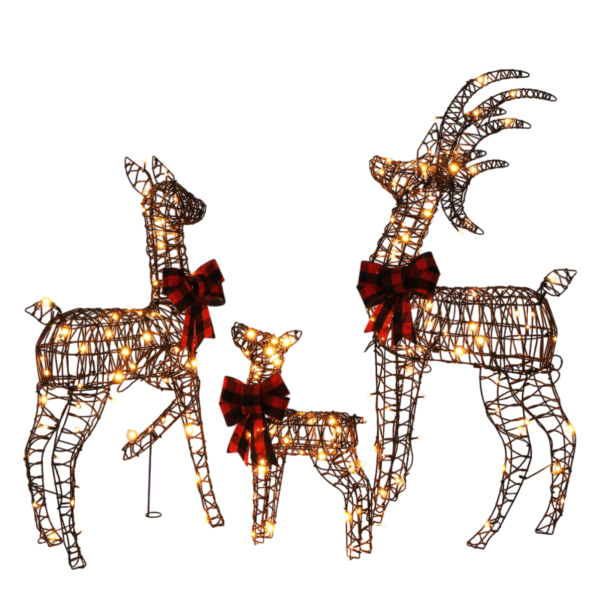 3-Piece Lighted Christmas Reindeer Family Set Outdoor Decorations, Weather Proof Rattan Deer Family Set of 3 Christmas Ornament Home Decor Pre-lit 210 LED Warm White Lights, 4FT, Brown