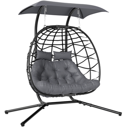 Outsunny Rattan Double Hanging Egg Chair with Canopy, Cushion, Black