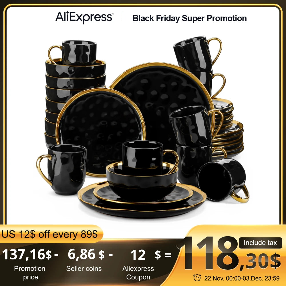 LOVECASA 16/32 Piece Black Porcelain Dinnerware Set with Gold Trim Dessert Plate,Dinner Plate,Cup,Bowl Tableware Set