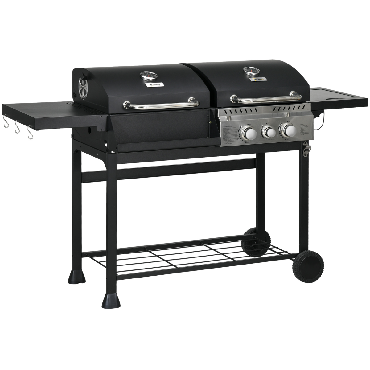 Outsunny Dual Fuel BBQ Grill with Wheels, Warming Rack, Black