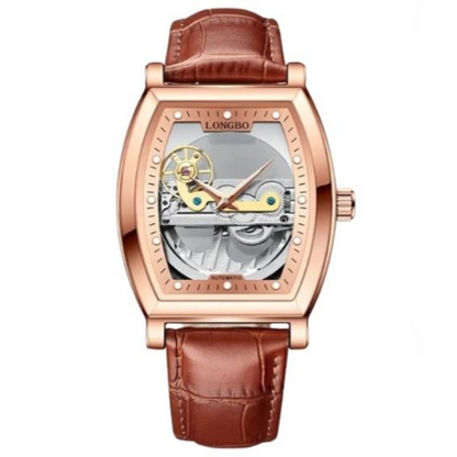 NY London Mens Automatic Hollow mechanical Dial Analogue Rose/Brown Leather Strap Watch