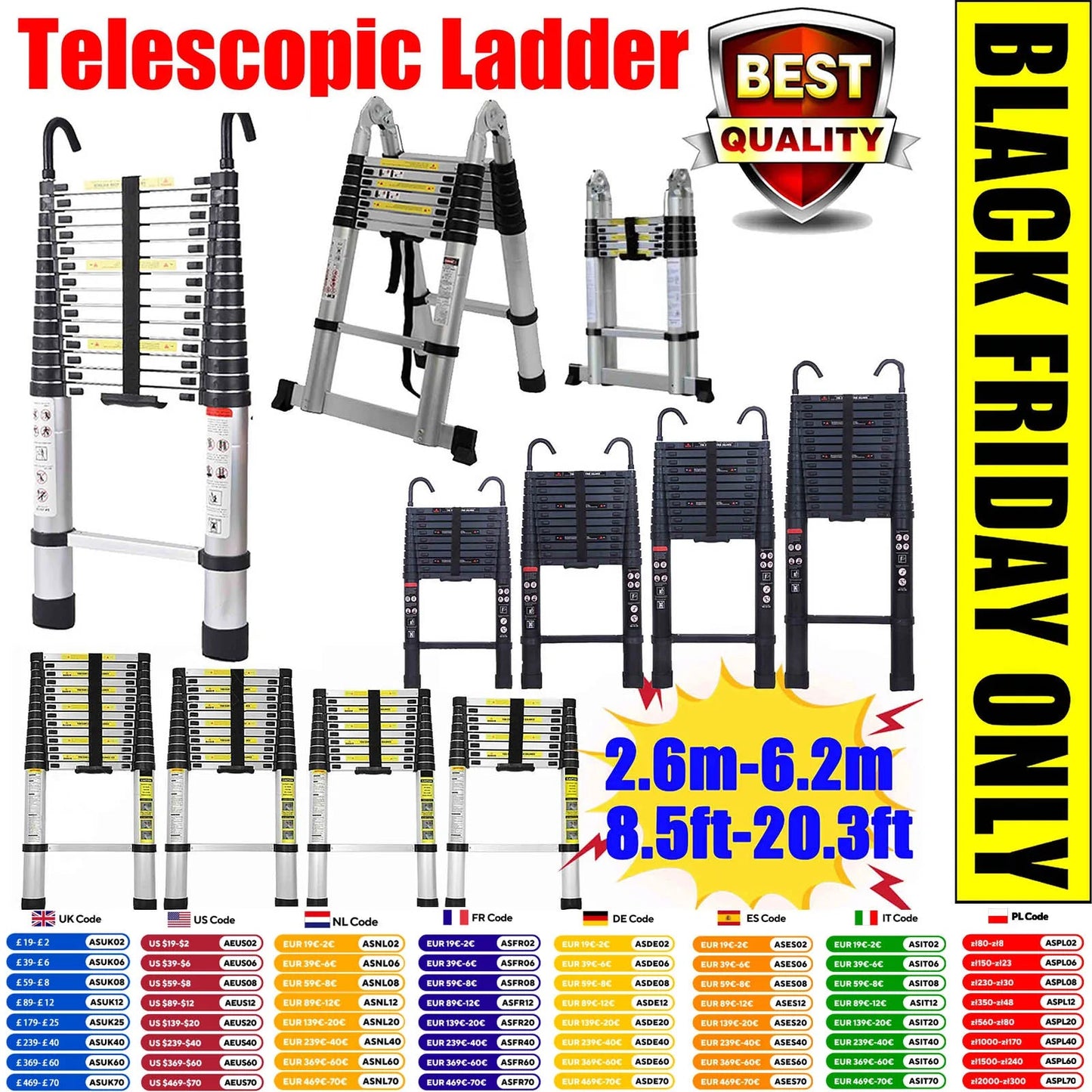 Telescopic Ladder 2.6m-6.2m, Portable Extendable Multi-Purpose Folding Aluminium Ladder Heavy Duty Extension Step