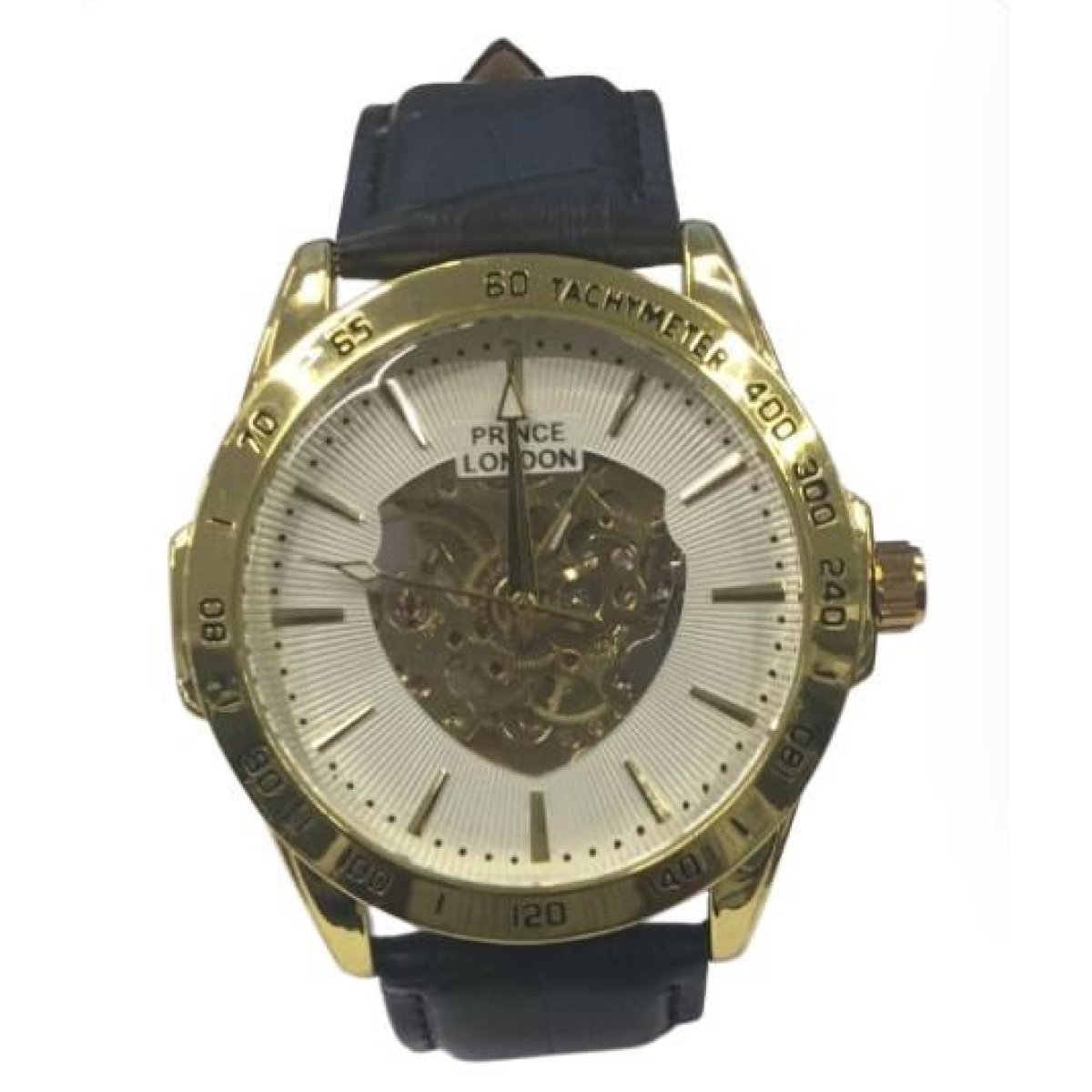 NY London Mens Automatic Dial Analogue Gold/White with Black Leather Strap Watch