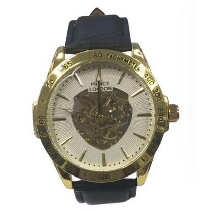 NY London Mens Automatic Dial Analogue Gold/White with Black Leather Strap Watch